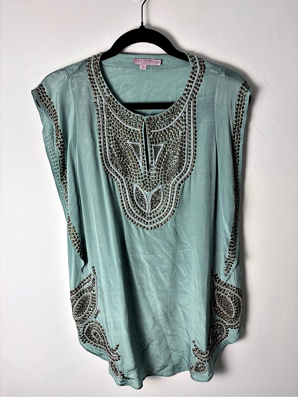 Calypso St Barth Mint Silk Gold Beaded Embellished Resort Tunic XS